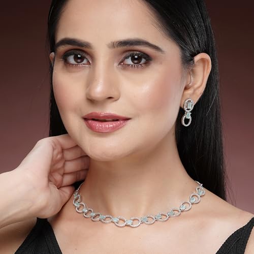 Image of ZENEME Rhodium-Plated American Diamond Studded Disc-Shaped Necklace With Earrings Jewellery Set For Girls and Women
