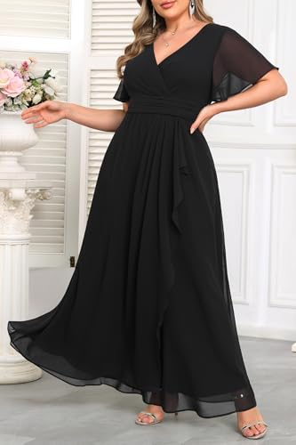 Plus Size Formal Dresses - Wedding Guest Bridesmaid Evening Prom Chiffon V Neck Ruffle Short Sleeves Long Dress Women4