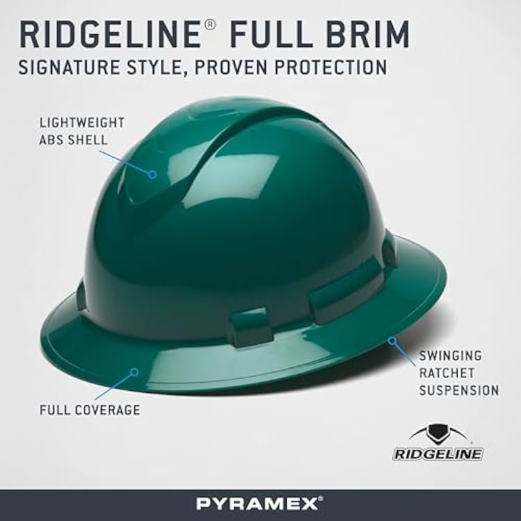 Pyramex Ridgeline Full Brim Hard Hat 4 Point Ratchet Green