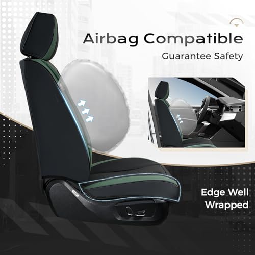 Image of Coverado Car Seat Covers Full Set, Green Car Seat Cover, Car Leather Seat Protector with Lumbar Support, Waterproof Car Seat Cushion, Leather Seat Covers Universal Fit Most Cars, (Black&Green)