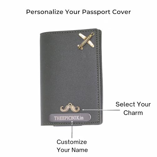 Image of Personalised Name & Charm Leather Passport Cover Holder for Men & Women (Grey)