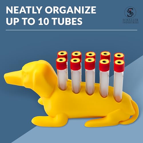 Image of Schaller Industries Dachshund Test Tube Rack - for 13mm Lab Vertical Storage Tubes, Holds 10 Glass & Plastic Test Tube Holder Rack, Vial Holder, Phlebotomy Supplies and Equipment- Bright Yellow