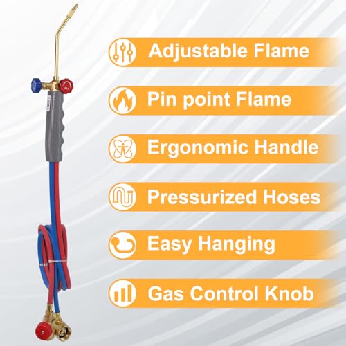 Brass Welding Torch Compatible with MAPP Oxygen and Propane Micro Mini Torch for Soldering Brazing Plumbing Heating HVAC Jewelry Repair with Adjustable Flame Built In Igniter and Safety Glass