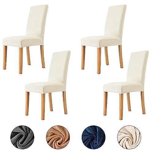 INFOSUN Dining Chair Slipcovers Velvet Dining Room Chair Cover Set of 4 Stretch Velvet Fabric Chair Slipcover Removable Washable Chair Protector for Home Restaurant Banquet Kitchen-(Beige)