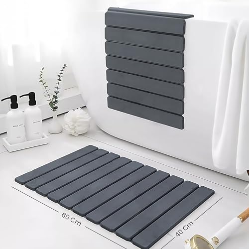 Image of Yellow Weaves Foldable Stone Bath Mat, Diatomaceous Earth Shower Mat, Non-Slip Super Absorbent Quick Drying Bathroom, Kitchen Floor Mat, Easy to Clean (60x40 cm - Sandstone Dark Grey)
