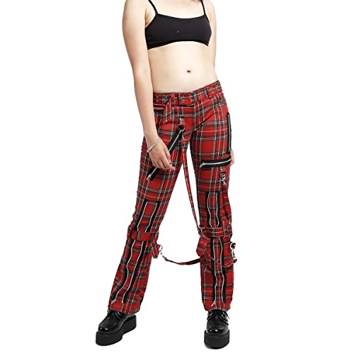 Women's Gothic Bondage Pant Rock Hard Trouser Plaid Red Jeans Pant Alternative Rebel Rock Emo Pants (Medium)