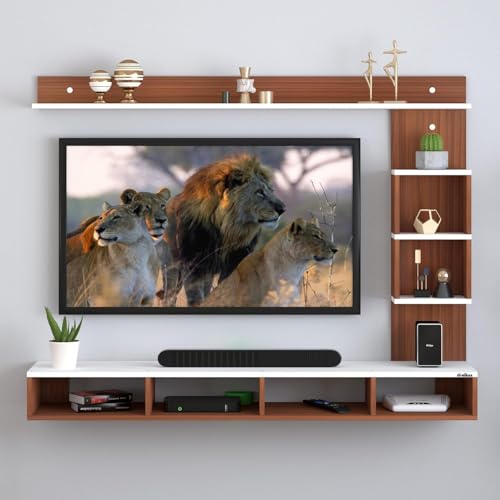 Image of Furniture Cafe Wall Mounted TV Unit - Floating Entertainment Center with Storage Shelves for Set Top Box, Books & Decor - Wooden Media Console for Living Room
