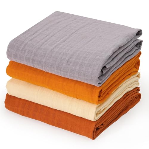 Image of david's kids 4 Pack Baby Muslin Swaddle Blankets, 100% Cotton Swaddling Blankets Wrap for Boys Girls, Ultra Soft Breathable Receiving Blanket, New Born Essentials, Brown&Grey&Ginger&Beige