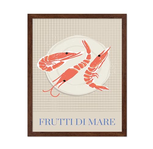 Poster Master Prawns Poster - Retro Shrimp Print - Seafood Illustration - Food & Drink Design - Modern Print - Trendy Art - Chic Boho Decor - Restaurant or Kitchen Wall Decor - 11x14 Brown Framed