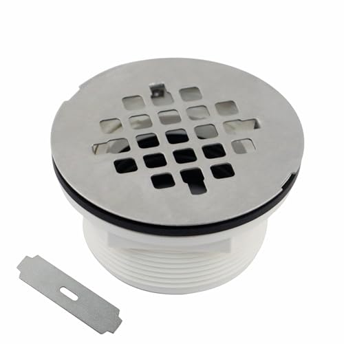 Brushed No Caulk Shower Drain, Welsan PVC Compression Shower Floor Drain with 4-1/4' Stainless Steel Round Grid Strainer Cover, Brushed Nickel
