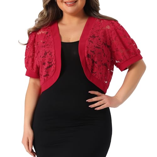 Image of Agnes Orinda Plus Size Cropped Cardigans for Women Open Front Short Sleeve Floral Lace Sheer Bolero Shrugs for Dresses