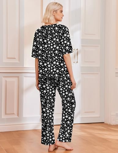 Image of Ekouaer 2 Pack Womens Pajamas Sets Short Sleeve Long Pants Pjs Lounge Set