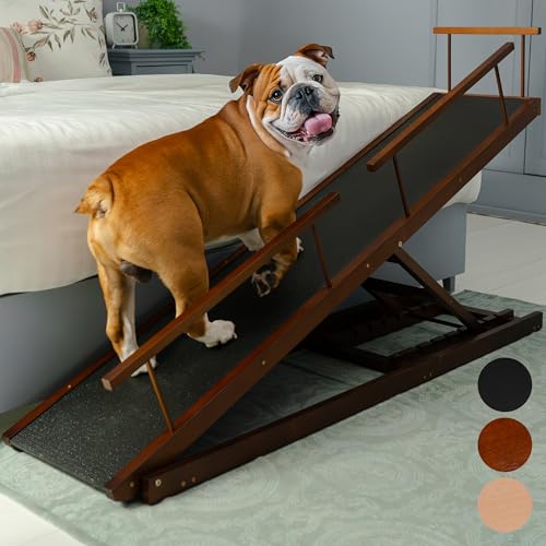 Dog ramp for Bed - PRIORPET Birchwood Adjustable Ramp for Dogs to Get on Bed: Dog ramps for High Beds up to 37 Inches – Foldable Ramp, Anti-Slip Grip & Safety Rails, Small Dogs Up to 120lbs – Walnut