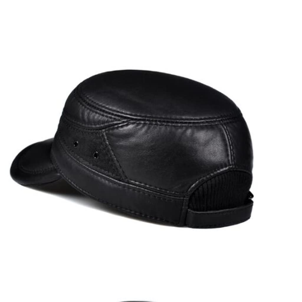 Cappelli Primavera Inverno Pelle Nero Berretto da Baseball Piatto da Uomo Regolabile Taglia Esterno Caldo Fibbia sul Retro, DL 55 56cm,D-L 55 56cm