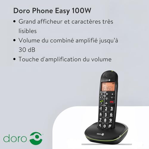 Doro PhoneEasy 100w Téléphone sans Fil DECT pour Seniors avec Grandes Touches et Son Amplifié (Noir X 1) [Version Française]