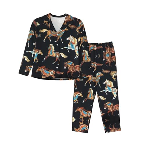 Pyjama à imprimé cheval marron EdWal ensemble de nuit chaud et confortable pour femme