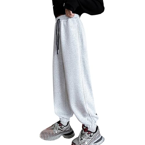 Pantalones deportivos holgados de forro polar para niños y niñas, para otoño e invierno, pantalones térmicos de cintura alta con cordón elástico en la cintura, pantalones lisos gruesos y cálidos, gris