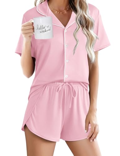 Image of Ekouaer Pajamas for Women Set Button Up Sleepwear 2 Piece Pjs Lounge Set Short Sleeve Nightwear