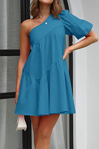 Image of KIRUNDO Summer One Shoulder Mini Baby Doll Dresses Women 2026 Casual Puff Sleeve Loose Tiered A Line Flowy Short Dress