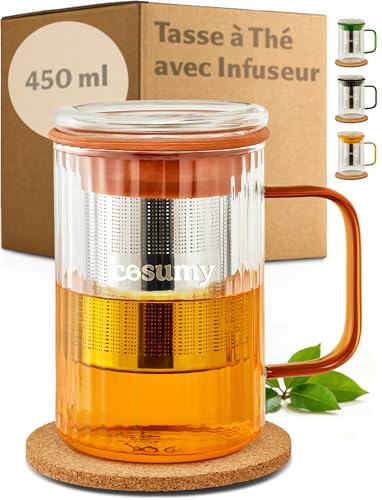 Cosumy Tasse à Thé avec Infuseur 450 ml Orange – Verre – Sous-Verre Liège