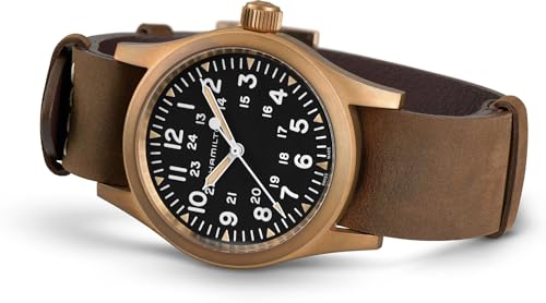 Image of Hamilton Khaki Field Mechanical Men's Watch, 38mm Bronze and Titanium Case, Swiss Made, Black Dial Analog Wrist Watch for Men, 50m Waterproof, Sapphire Crystal, Cow Leather Strap