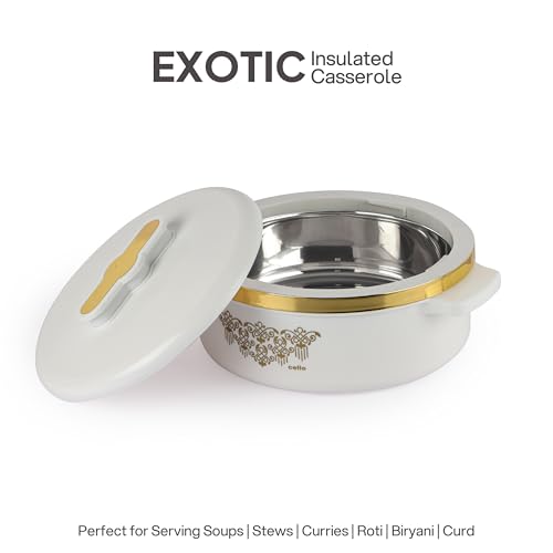 Image of CELLO Exotic 1000 Casserole Hot Pot Case for Daily Use 1000 ml, White | Double Wall PU Insulated Serving Hot & Warm Food Hot Pot Box | Stylish Airtight Kitchen Casserole Set for Roti Rice Biryani