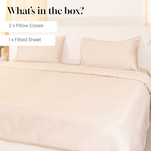 Image of Luxury Fitted Bedsheet | Queen Size | 300TC | | 100% Tencel| Oat Milk Color | Premium Solid Design | 1 Fitted Bedsheet & 2 Pillow Covers for Bedroom | Size - Queen, 60 inch X 78 inch x 12 inch inch