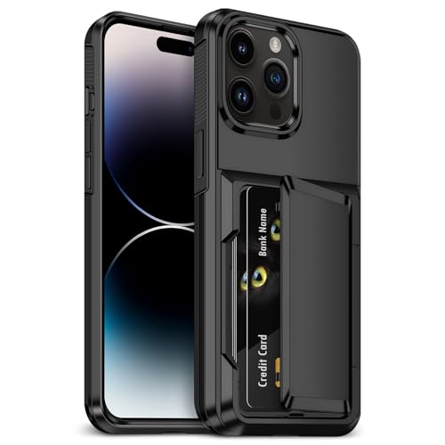 Aolcev for iPhone 14 Pro Case with Card Holder [Max 4 Cards] Heavy Duty Protective Shockproof Dual Layer Hard PC Soft TPU Bumper Hidden Card Slot Wallet Case Cover for iPhone 14 Pro Phone Case-Black
