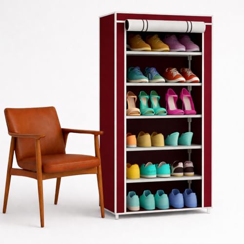 Image of 6-Tier Shoe Rack with Dust-Proof Cover, Black with Gold Trim, Multi-Pair Storage Organiser (Maroon)