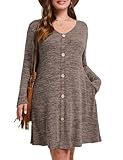 MONNURO Womens Plus Size Dresses Casual Swing Tunic Dress V Neck Button Lightweight Sweaters Dress Pockets(lightKhaki,5X)