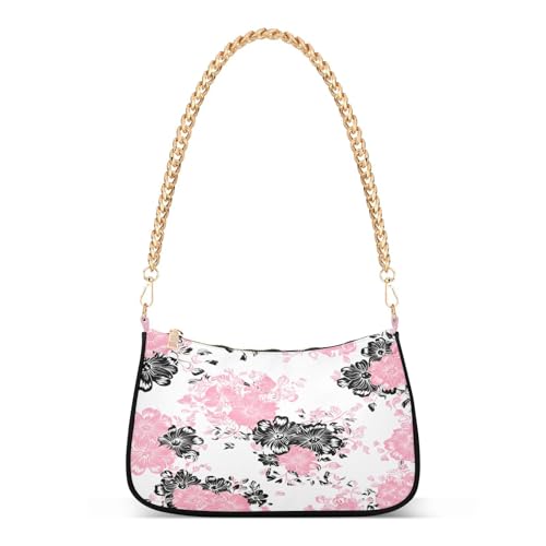 Shoulder Bag for Women Pink Black Flowers Tote Handbag Crossbody Bag with Zipper Closure