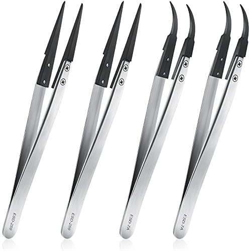 4 Pieces Ceramic Tweezers Stainless Steel Anti-Magnetic Pointed and Curved Tips Tweezer Set Non-Conductive Heat Resistant Tweezers Precision Reverse Tweezers for Pinching Coils Soldering (Black Head)