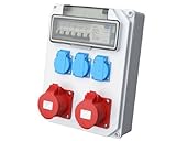 Ausgang: IP44 - 3 Schutzkontaktsteckdosen (230 V) mit Sicherheitsklappdeckeln + 2 CEE-Steckdosen (400 V, 16 A, 5-polig) mit Sicherheitsklappdeckeln