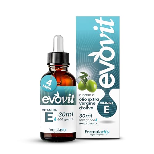 EVOVIT VITAMINA E - 4 Mesi di Fornitura-In Olio Extravergine d'Oliva Italiano-Integratore Naturale Tocoferolo 60mg/90UI Massimo Assorbimento Antiossidante, Anti-aging per Pelle, Capelli- Made in Italy