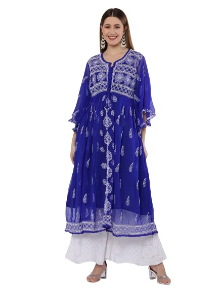 Image of FAWOMENT Women's A-Line Designer Georgette Kurta with Fine Handcrafted Lucknowi Chikankari Embroidery
