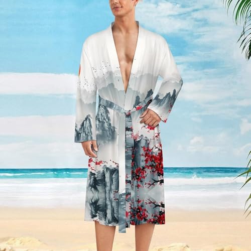 Chinese Mountain Lake Flower Blossom Tree Sun Funny Men's Robe Soft Lightweight Bathrobe Long-sleeve Spa Robes2