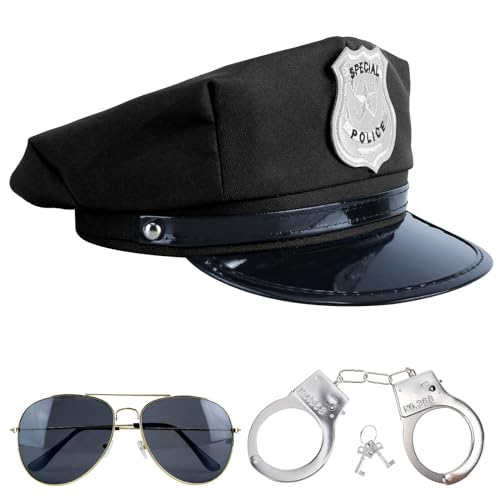 Makone Police Costume Dreiteiliges Set Police Hat,Handschellen Polizei echt Stahl,Schirme, Mit...