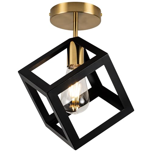 Edzemuwa Modern Flush Mount Ceiling Light Fixture, Metal Frame Light Fixture,Black and Gold Finish, 9x9x13inches,for Entryway Porch Hallway Stairway Garage Living Room Dining Room Balcony