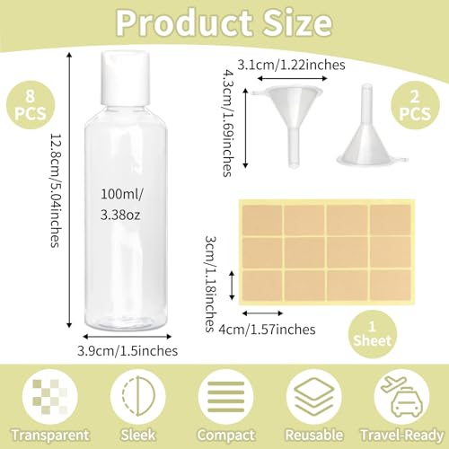 8Stks Flugreisen Plastikflaschen, 100ml Leere Reisebehälter, Mehrweg Kleine Shampooflaschen, Durchsichtige Kosmetikflaschen mit Disc Verschluss 2 Trichtern und 12 Etiketten Lotion Duschgel Geschäftsre