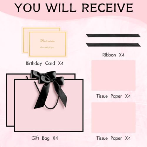 Image of JMANNI Gift Bags with Handles, 13 inch Medium Gift Bag for Presents, 4 Pcs Bags with 8 Tissue Paper and 4 Cards for Graduation Baby Shower Wedding Fathers Day Mother's Day Birthday Party(pink-black)