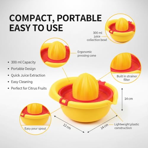 Image of Hand Press Juicer Machine 300 ml Manual Juice Extractor with Measuring Cup Compact Fruit Juicer for Lemon Orange Mosambi Portable Easy Clean Kitchen Tool