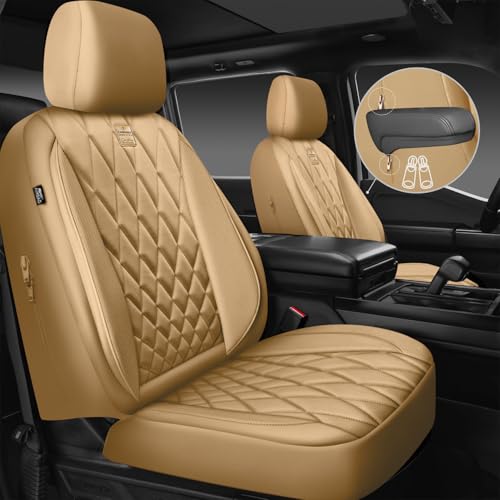 Image of CAR PASS Piping Luxury PU Leather Two Front Car Seat Covers, Waterproof Anti Slip Seat Covers Compatible with Front Seat Armrests,Universal Fit for Suvs,Vans,Trucks,Airbag Compatible(All Beige)