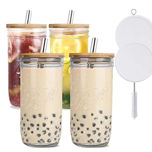 Glass Cups Set(4 Pack) 24Oz Wide Mouth Mason Jar Drinking Glasses With Lids & Straws & 2 Sealing Lids, Reusable Boba Bottle, Iced Coffee Glasses, Travel Tumbler For Bubble Tea, Juice #TOP9