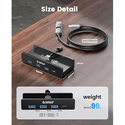 ORICO USB Hub 3.0, Clamp USB Hub with Extra Power Supply Port, Aluminum 4-Port USB Adapter with 3 USB-A Data Ports, USB-C Port for Monitors, Desks (Black)