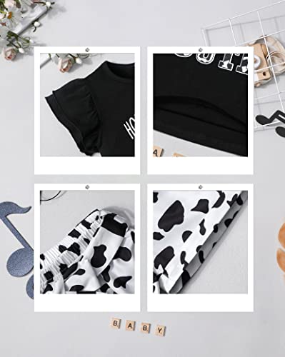 Migu Toddler Girl Clothes 2T-3T Girls Summer Outfits Black Short Sleeve Set Cow Printt-Shirt Top + Cow Shorts + Headband 3 Piece Girls Clothing Set #TOP3