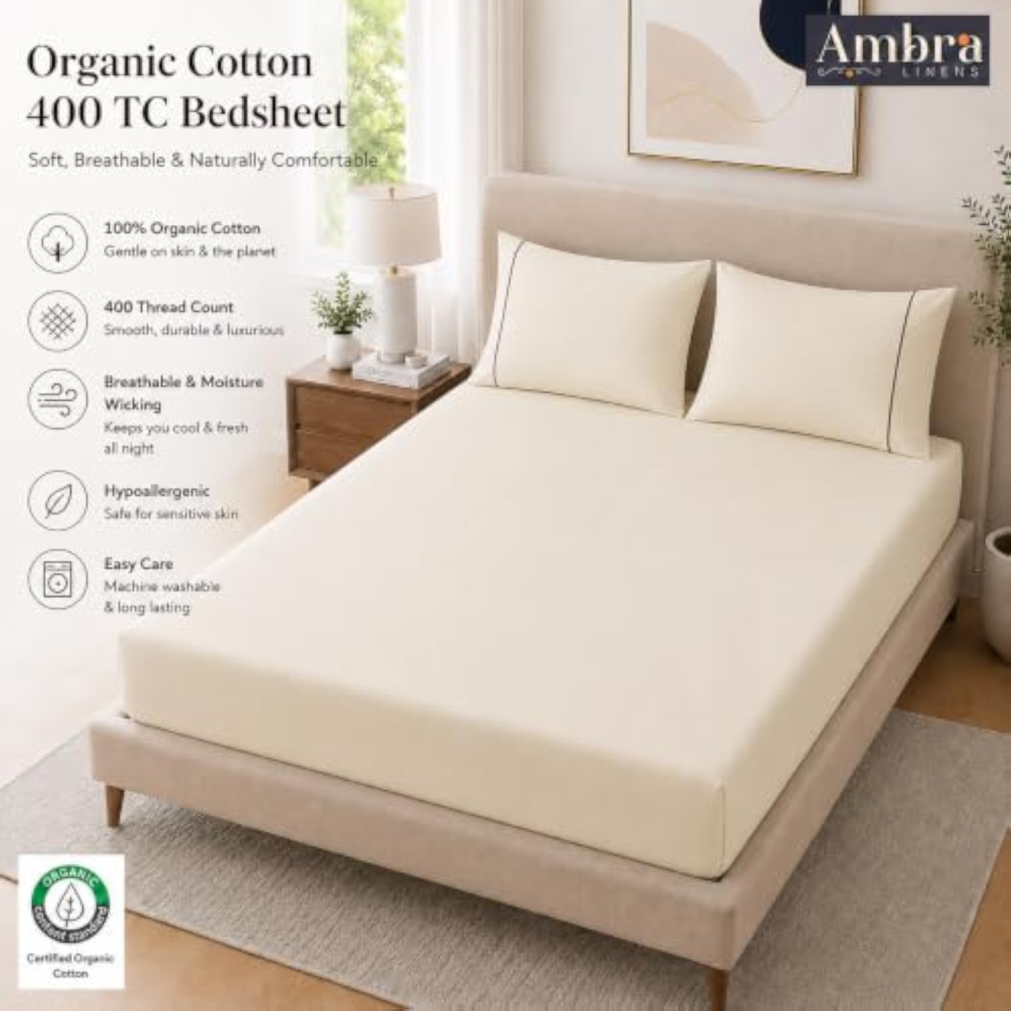 King Size Organic Percale Cotton Bedsheet 400 TC with 2 Pillow Covers