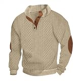 Lexiart Mens Casual Knitted Pullover Sweater Long Sleeve Stand Collar Vintage Button Sweaters with Elbow Patches Khaki