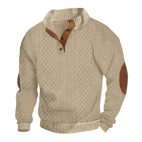 Lexiart Mens Casual Knitted Pullover Sweater Long Sleeve Stand Collar Vintage Button Sweaters with Elbow Patches Khaki