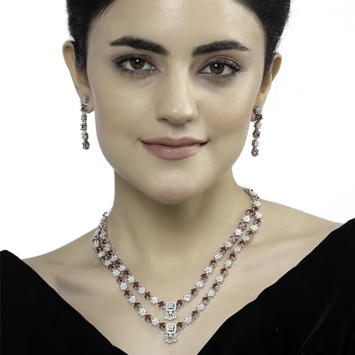 Image of ZENEME Rhodium-Plated American Diamond Studded Star Shaped Layered Necklace With Earrings Jewellery Set For Girls and Women
