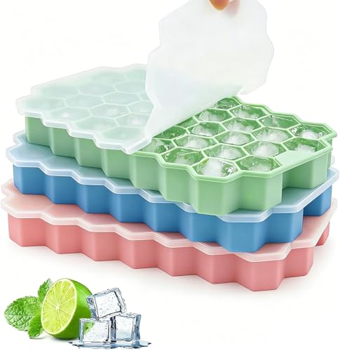Image of Ice Cube Trays for Freezer, 3 Pack Silicone Ice Cube Mold with Lid-37 Grid, Easy-Release Reusable 111 PCS Small Ice Cubes for Ice Bucket Iced Coffee Cocktail Whisky Soup Food